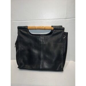 VTG Fossil Mod Wooden Handle Structured Black Leather Handbag Key Charm No Strap